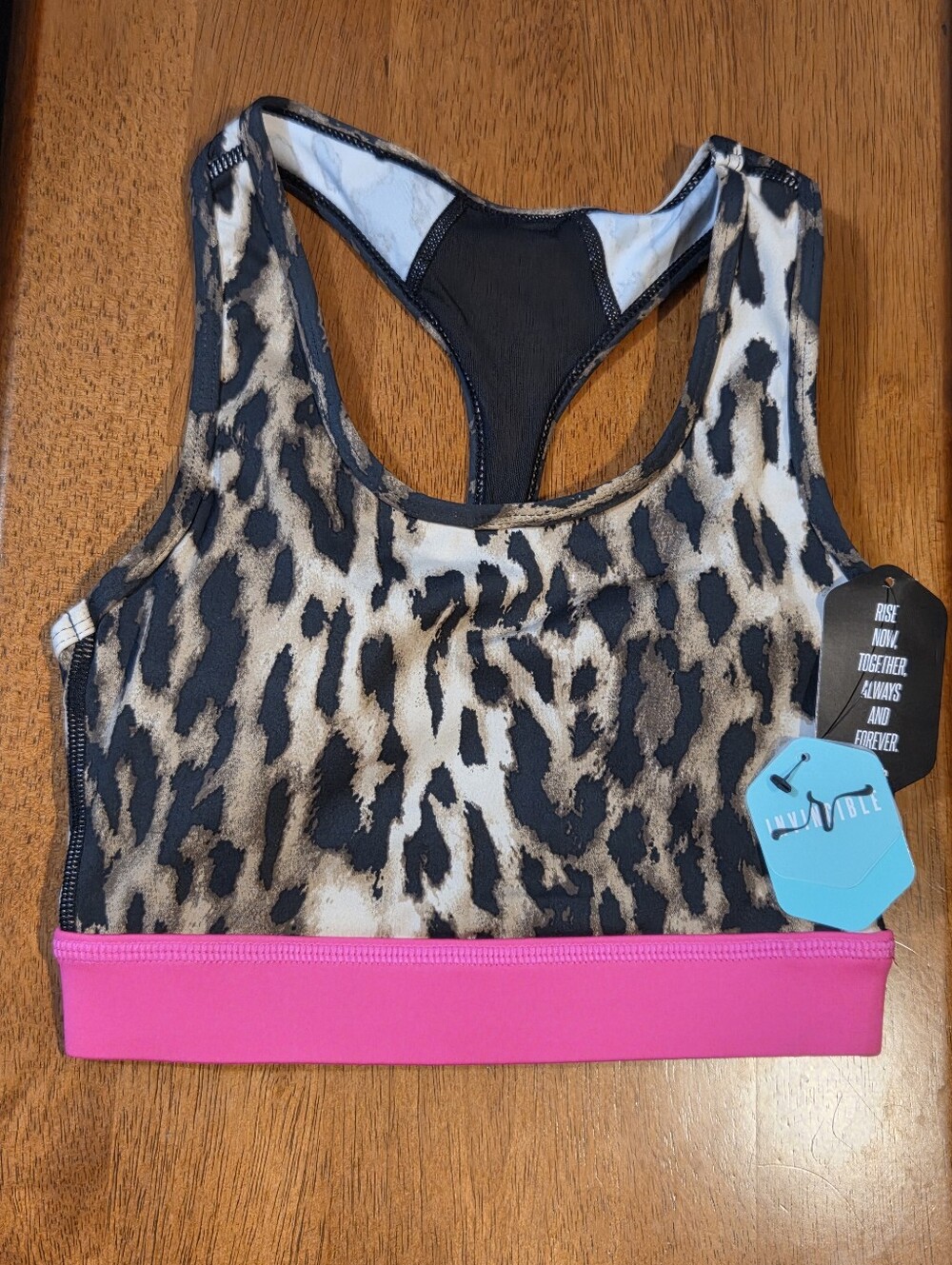 LuLaRoe Rise Invincible Leopard Print Racerback Sports Bra with Pink Band New